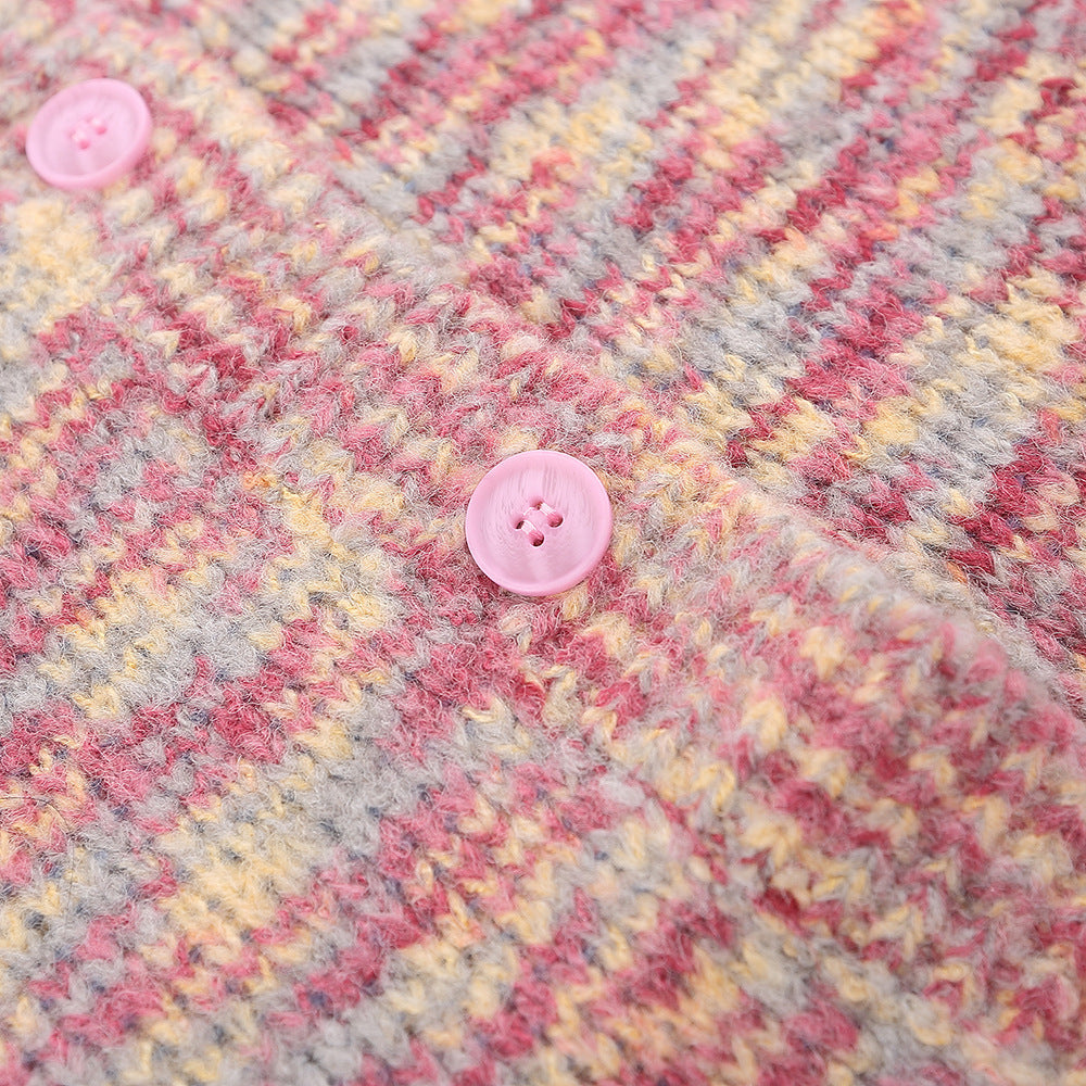 Mixed Color Tie-dyed Round Neck Cardigan Sweater Men