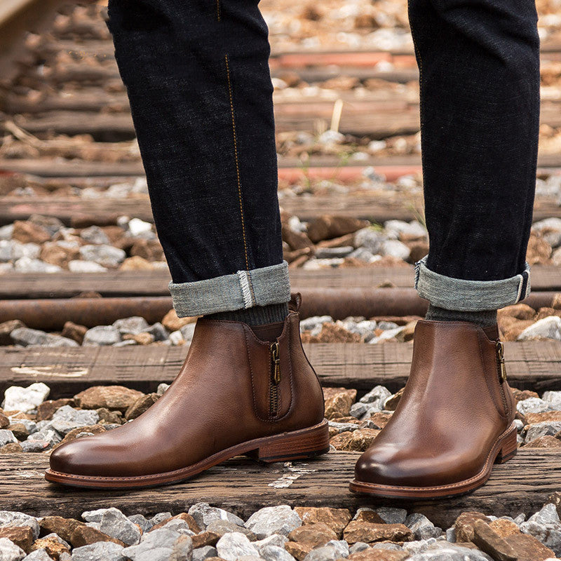 First Layer Cowhide Casual Short Boots Side Zipper Male Martin Boots
