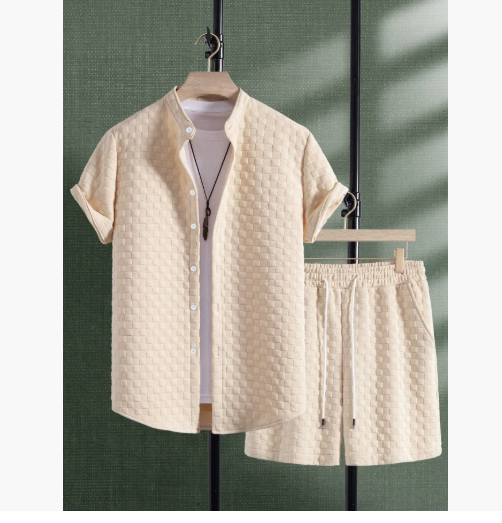 Men's Jacquard Casual Short Sleeve Shirt Outfit