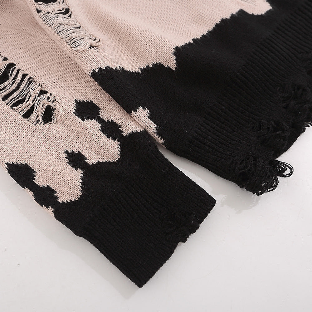 Worn Color-block Crew Neck Sweater Men's Waste Soil Style Letter