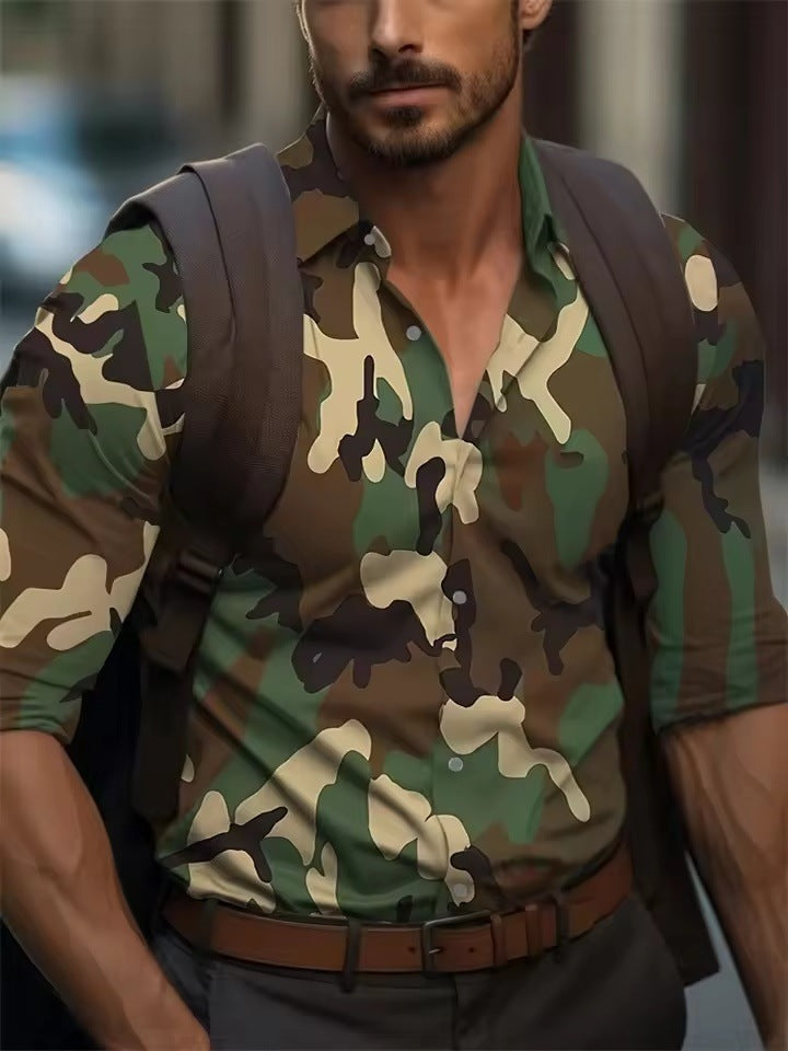 Men's Long Sleeve Palm Tree And Striped Printed Shirt