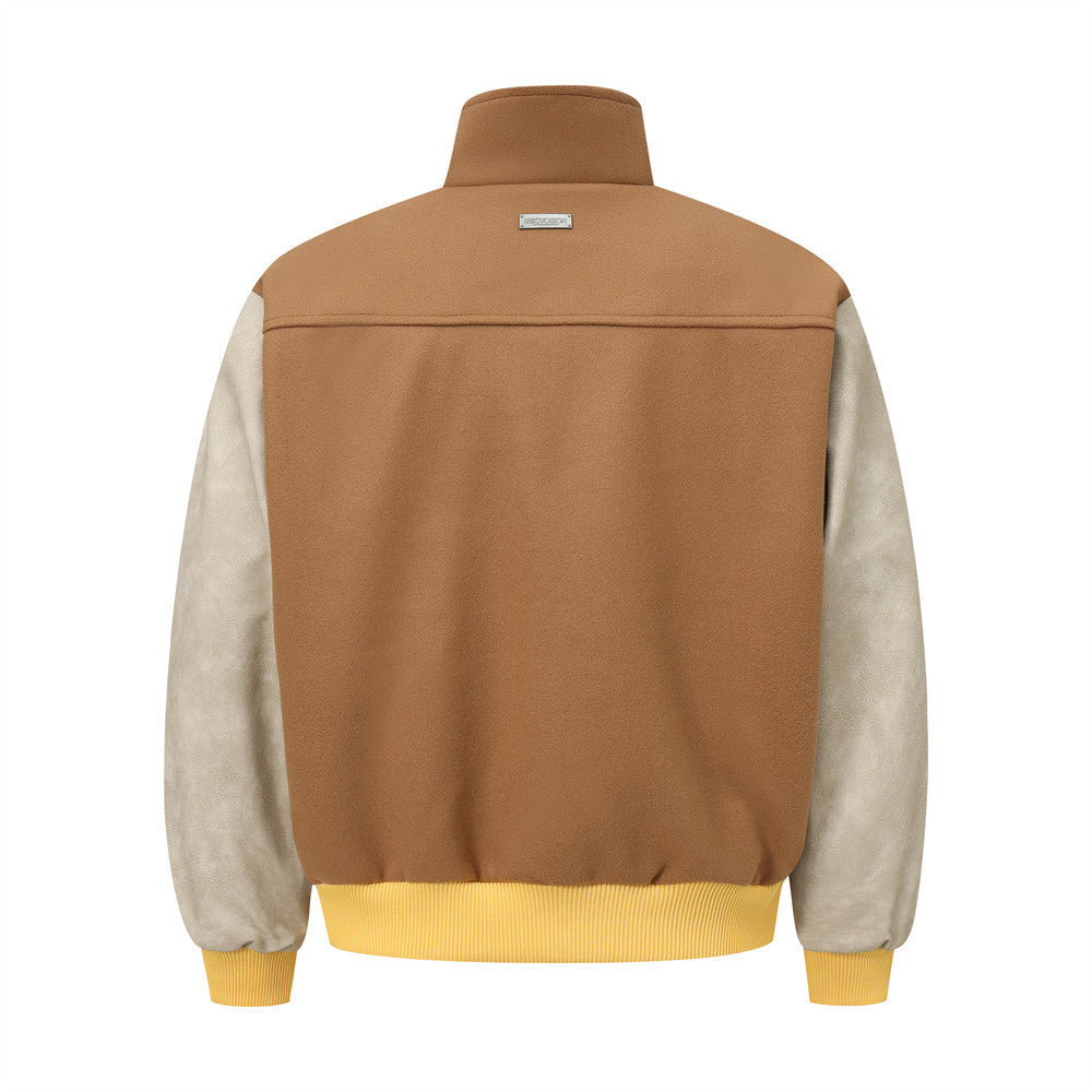 Baseball Uniform Men's Jacket Color Contrast Patchwork PU Leather Sleeve