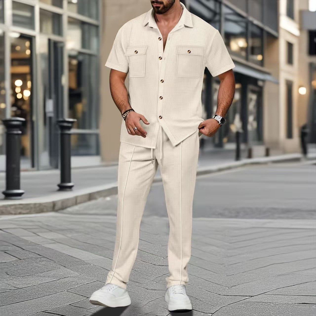 Buttons Pocket Short Sleeve shirt and Trousers Two-piece Set