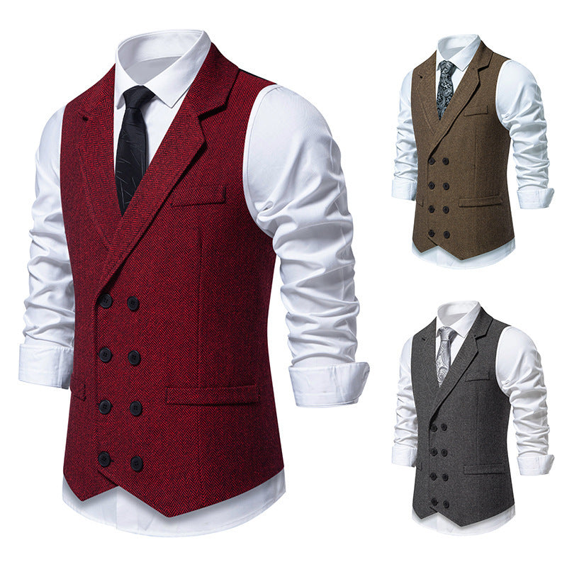 Men's Herringbone Tweed Suit Vest Retro Lapels Double Breasted Vest