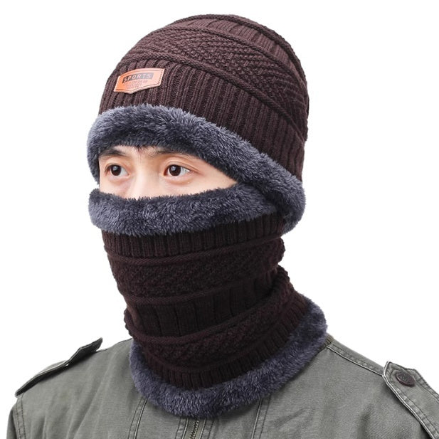Winter Hat Men's Warm Ear Protection Fleece Knitted Hat Thickened Scarf Two-piece Set