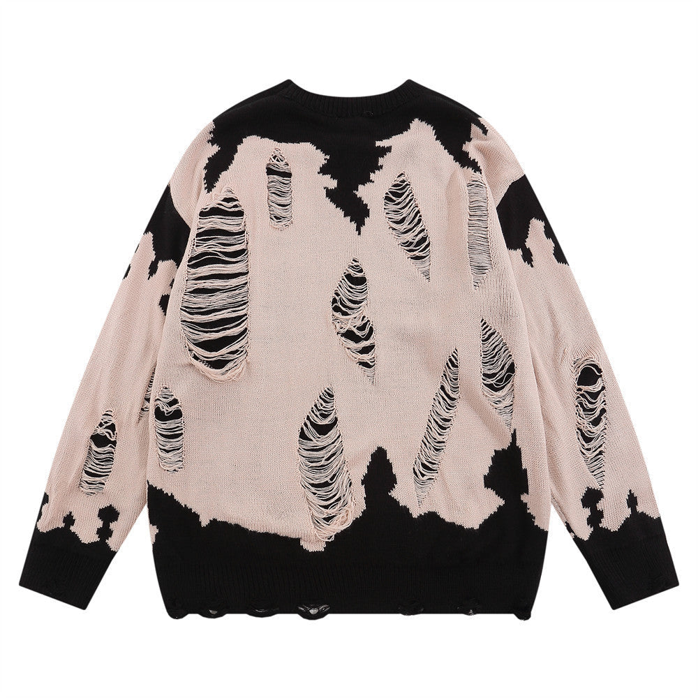 Worn Color-block Crew Neck Sweater Men's Waste Soil Style Letter