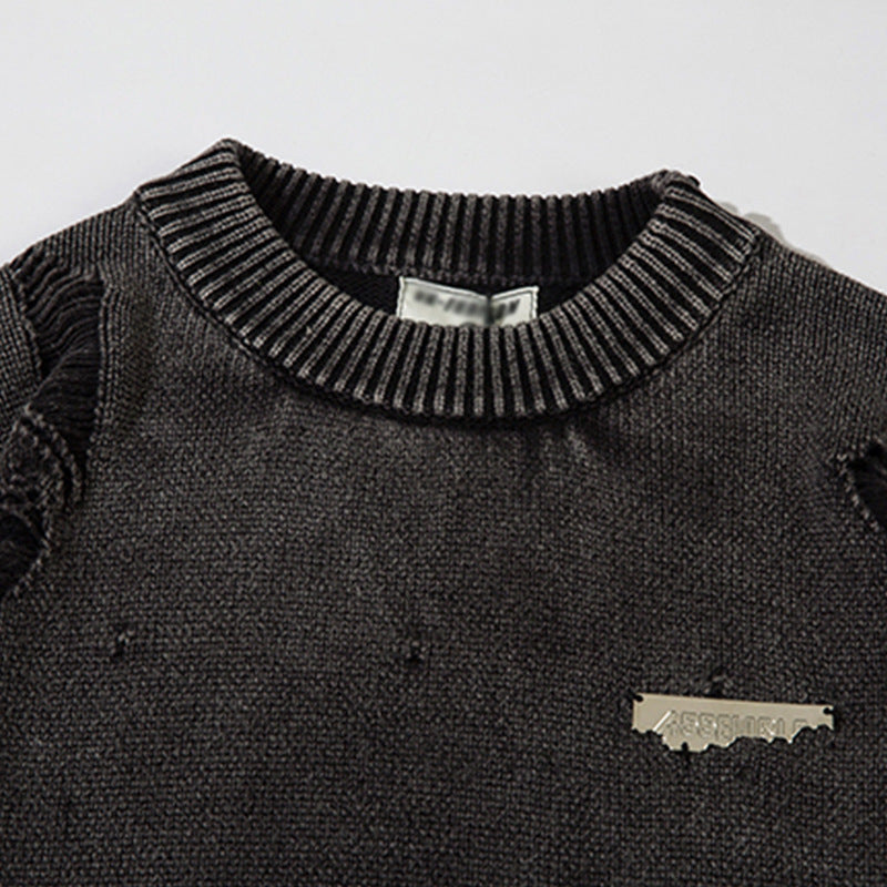 Heavy-duty Washed Make Old Ripped Round Neck Sweater