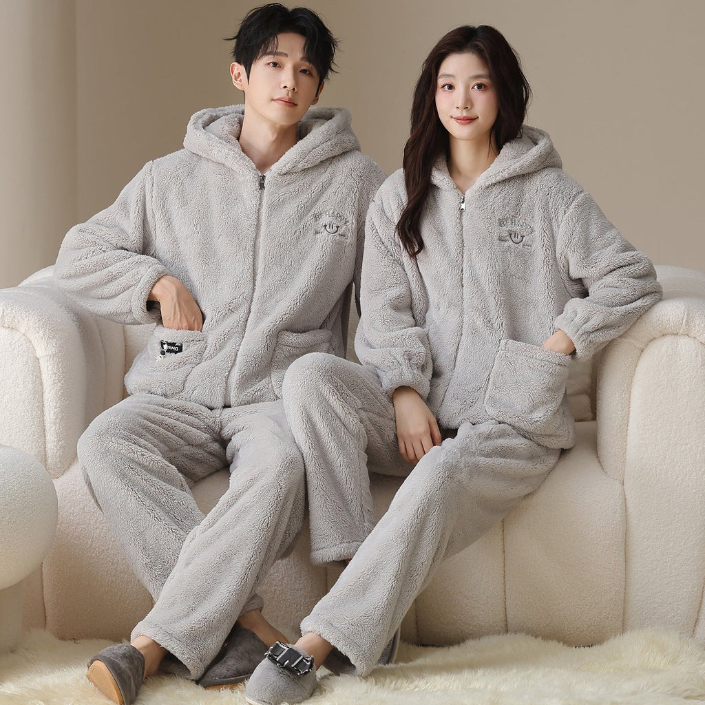 Plush Couple Pajamas Women's Winter Casual Zipper Hooded Outerwear Men's Homewear Suit