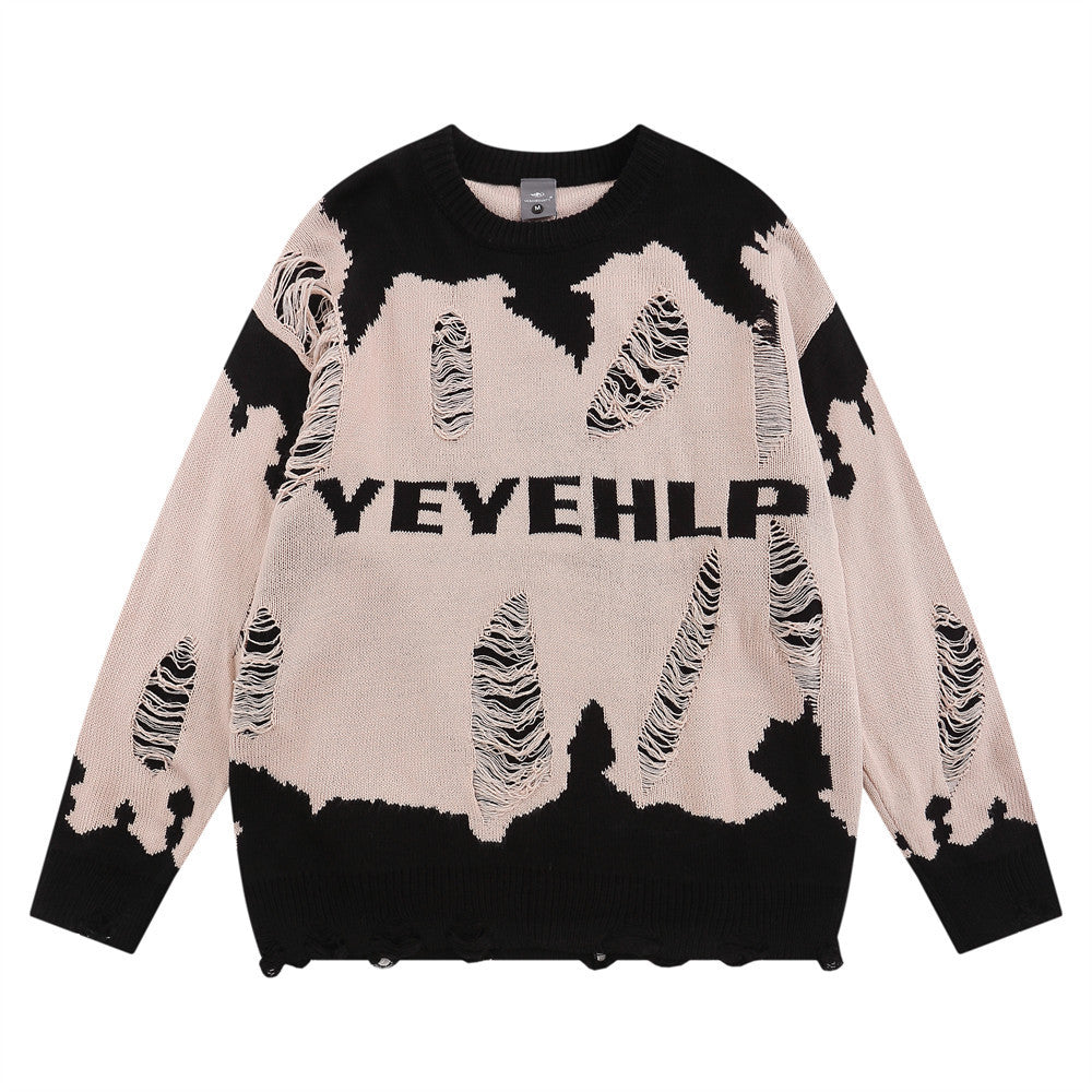 Worn Color-block Crew Neck Sweater Men's Waste Soil Style Letter