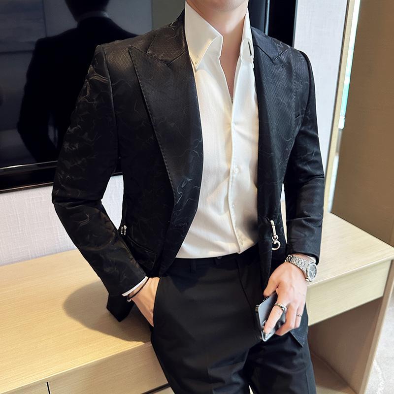 Vintage Pattern Men's Casual Suit Metal Hook Placket Closure Collar Leather Texture Suit
