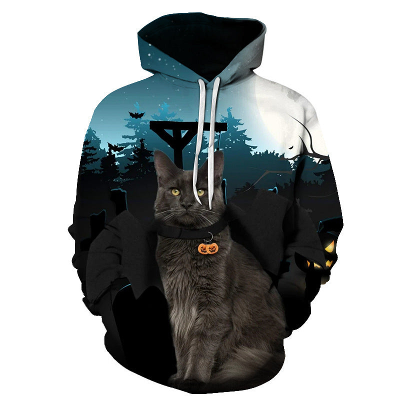 Cute Cat Digital Print Hooded Couple Sweatshirt