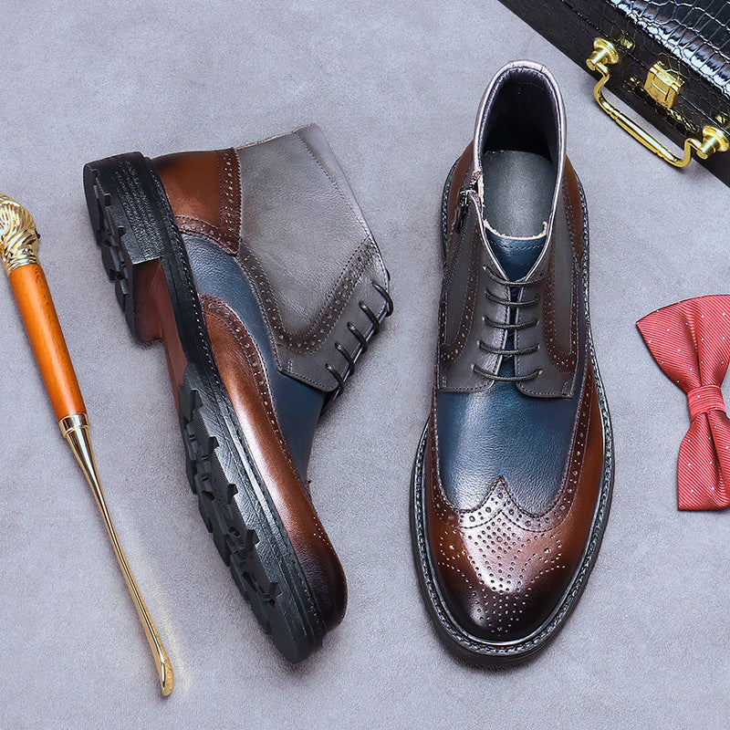 Mens Leather Vintage Color Blocking Brogue Carved Boots