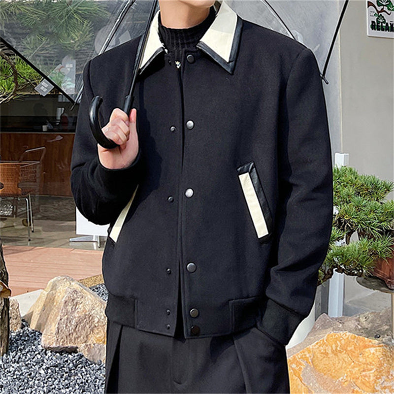 Men's Wool Contrast Leather Lapel Jacket