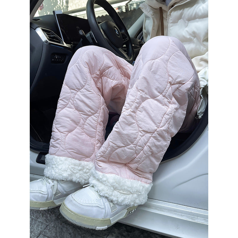Winter Cotton-padded Waterproof Patchwork Lambskin Cotton Pants