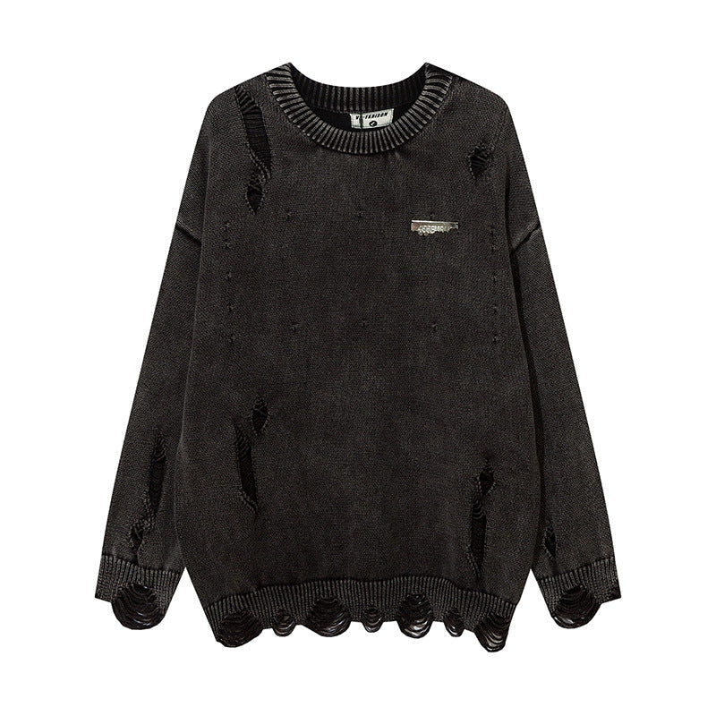 Heavy-duty Washed Make Old Ripped Round Neck Sweater