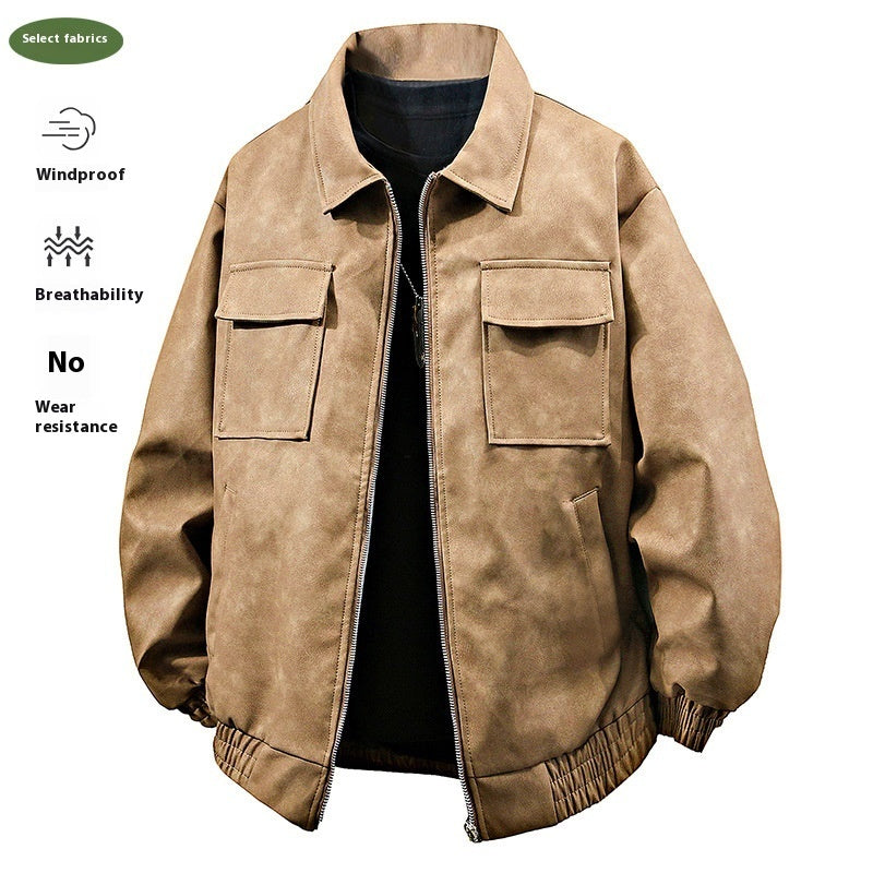 3D Stereo American Retro Hip Hop PU Leather Polo Collar Jacket