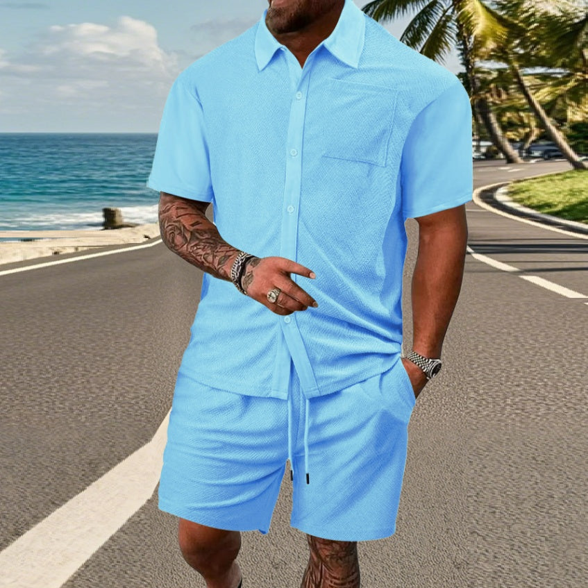 Men's Casual Button Solid Color Short Sleeve Suit