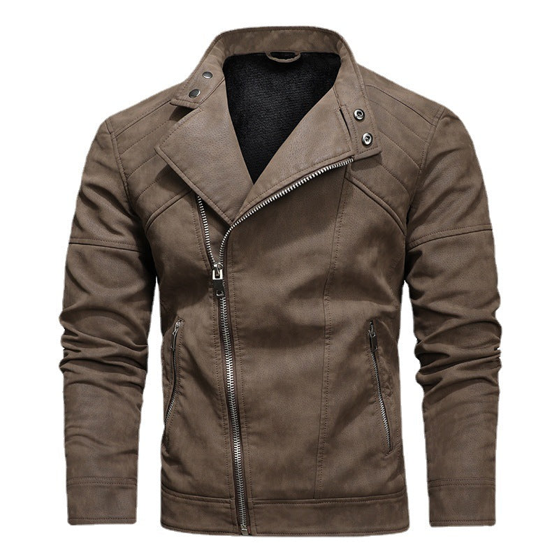 Men PU Leather Jacket with Oblique Zipper and Large Lapel Collar