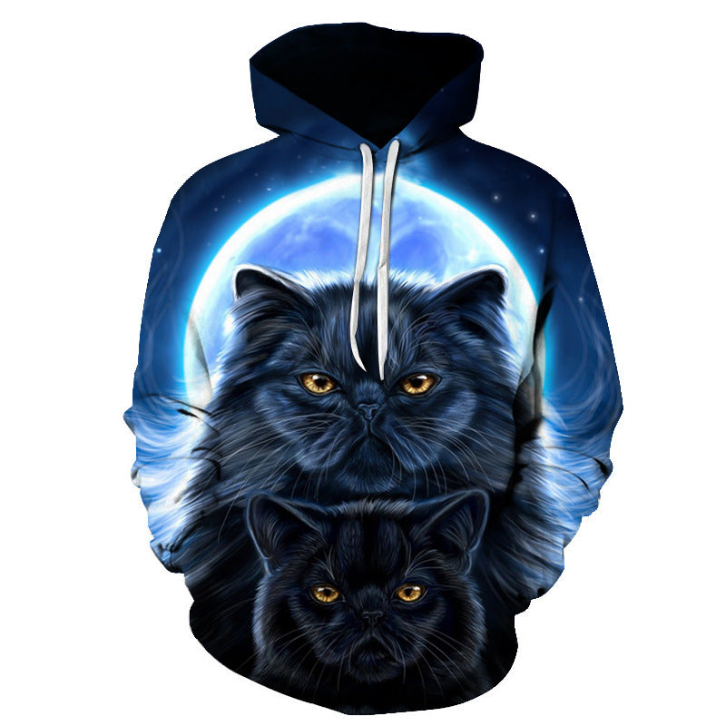 Cute Cat Digital Print Hooded Couple Sweatshirt