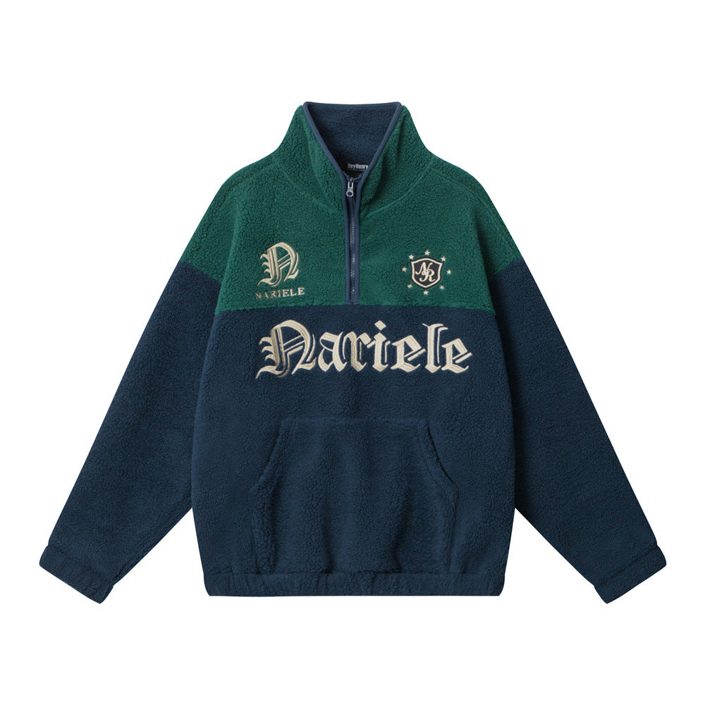 Color Matching Lamb Wool Sweatshirt Half Zipped Stand Collar Long Sleeve Loose Embroidered Letter Cotton-padded Coat