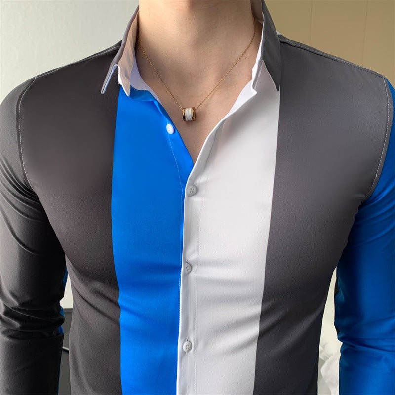 Color-blocking Striped formal dress Shirt men