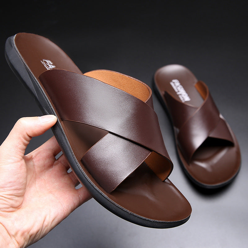 Men's Casual Soft Leather Soft Bottom Non-slip Slippers