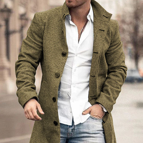 Autumn And Winter New Men's Woolen Stand Collar Medium Long Pocket Casual Coat