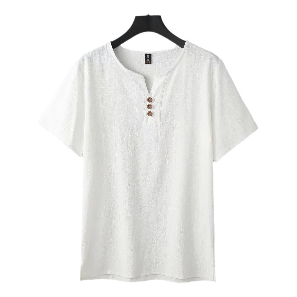 Men's Chinese-style Cotton And Linen V-neck Short Sleeve