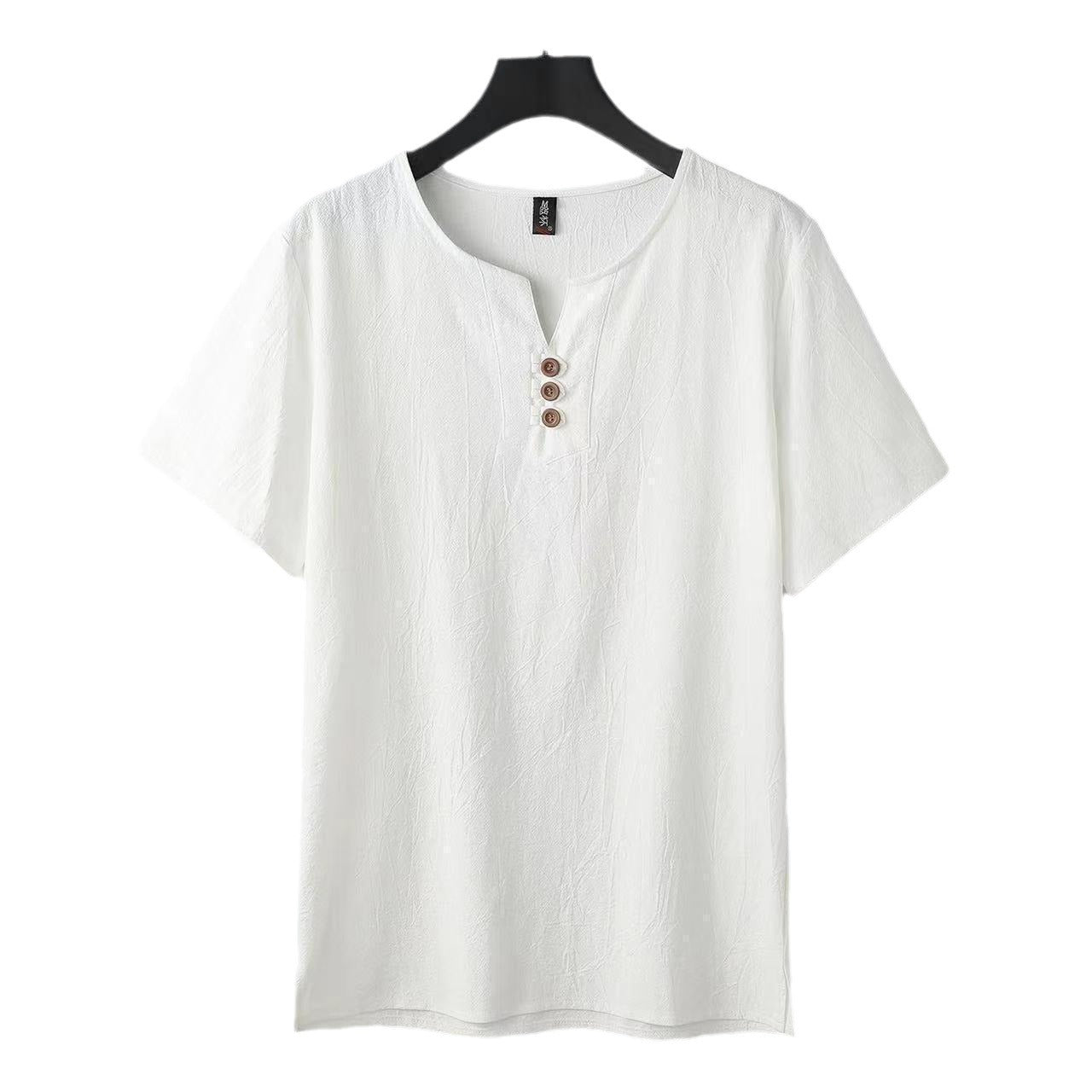 Men's Chinese-style Cotton And Linen V-neck Short Sleeve