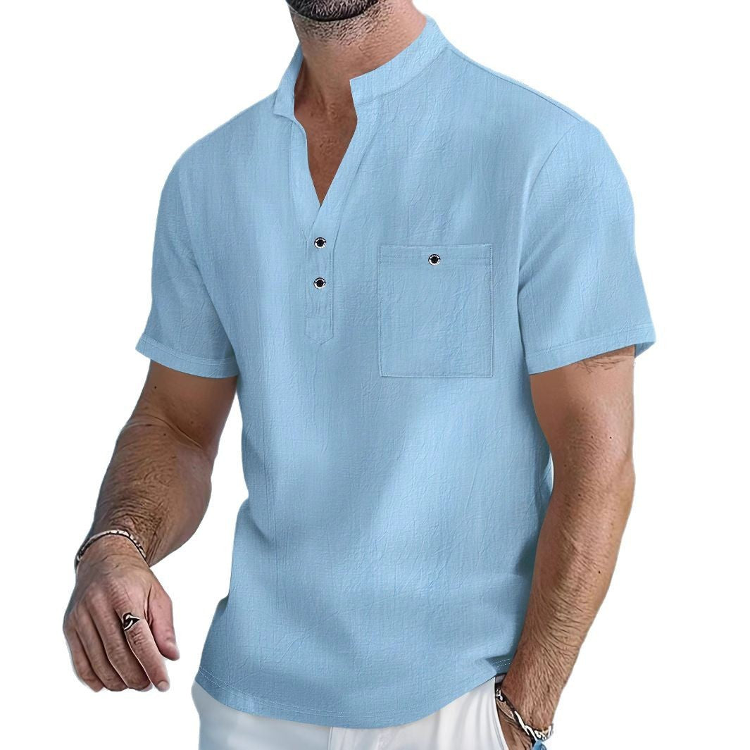 Stand Collar Linen Short Sleeve Shirt Men
