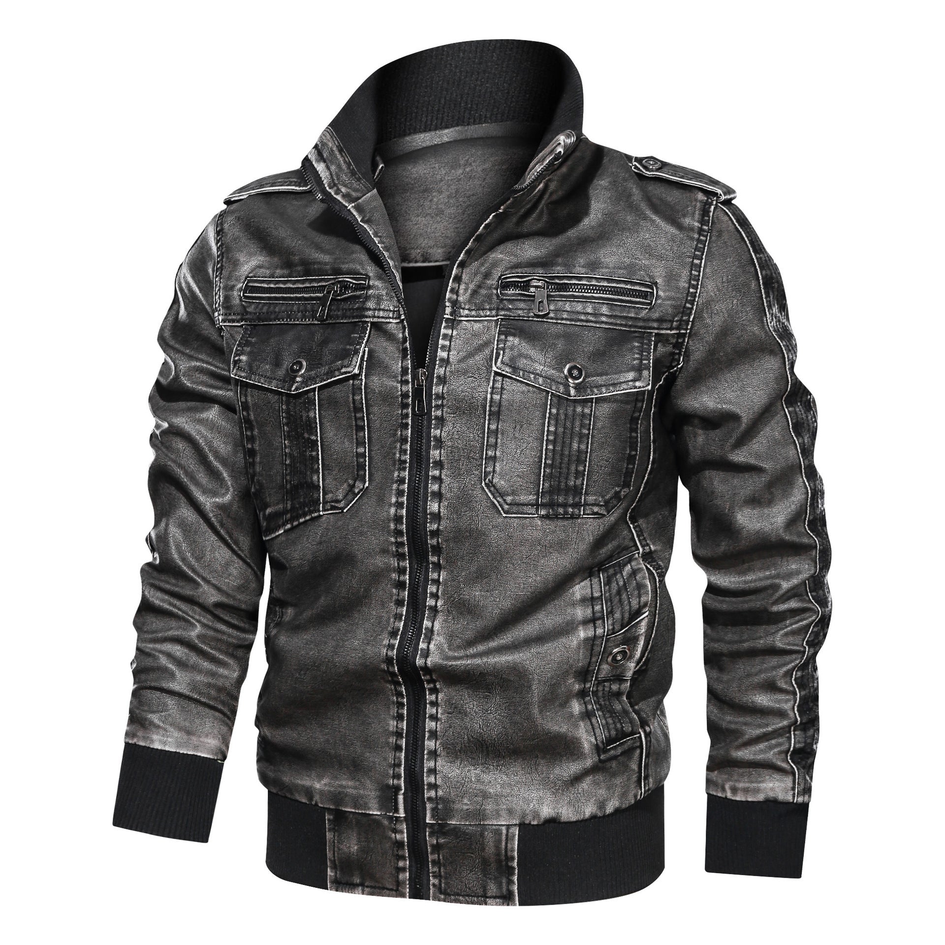 3D Washed PU Leather Jacket Plus Size Motorcycle Leather Coat