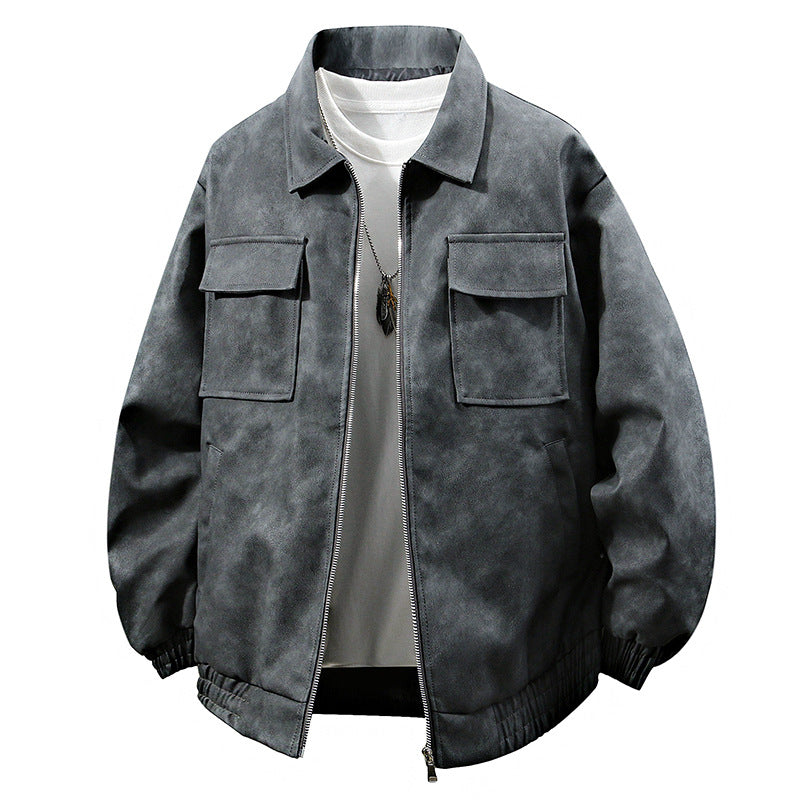 3D Stereo American Retro Hip Hop PU Leather Polo Collar Jacket