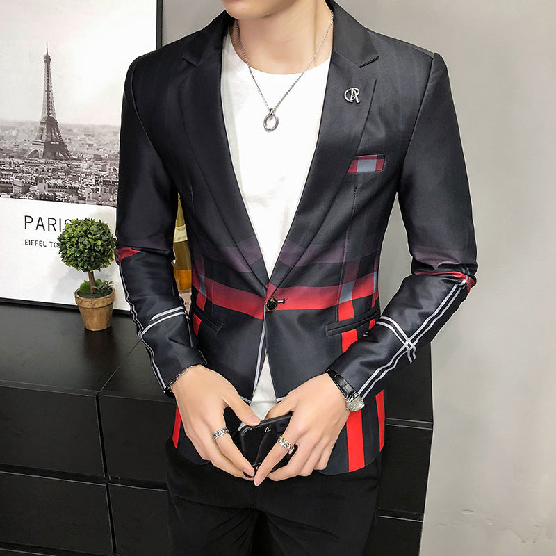 Fashion Personality Plaid Men's Stitching Casual Long Sleeve Suit