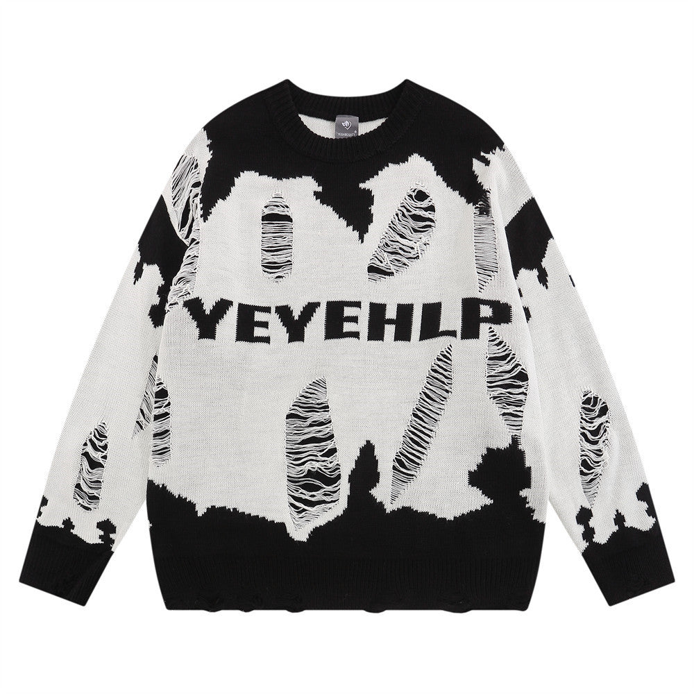 Worn Color-block Crew Neck Sweater Men's Waste Soil Style Letter