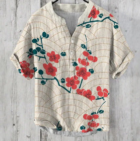 Printed V-neck Men's 3 Breasted Pullover Short Sleeve Shirt