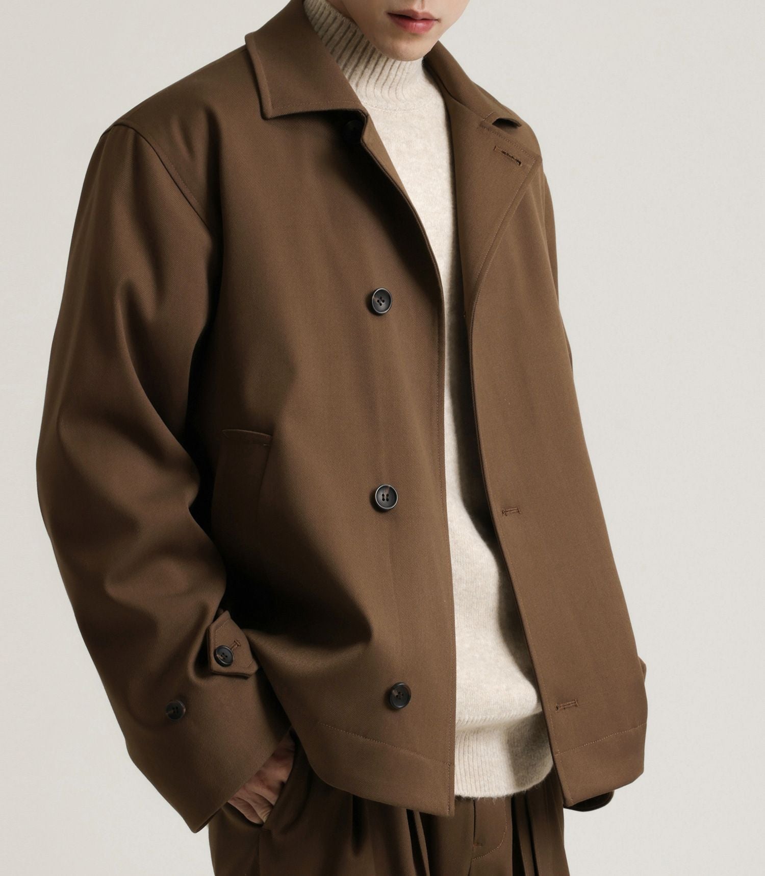 Twill Blended Partial Placket Turn-down Collar Coat Men