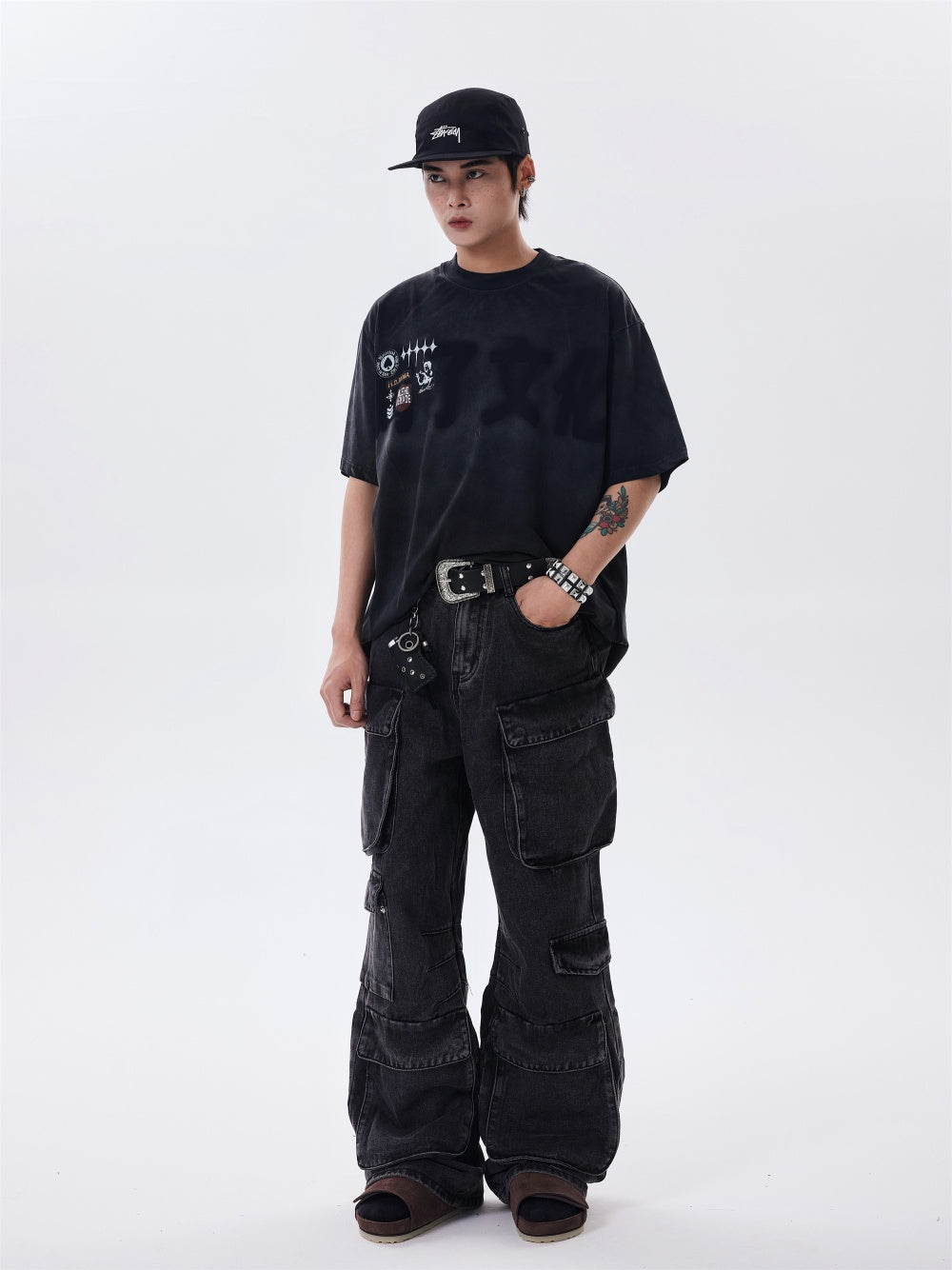 Distressed Multi-pocket Jeans Loose Wide-leg Overalls