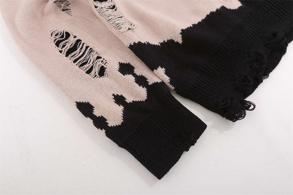 Worn Color-block Crew Neck Sweater Men's Waste Soil Style Letter