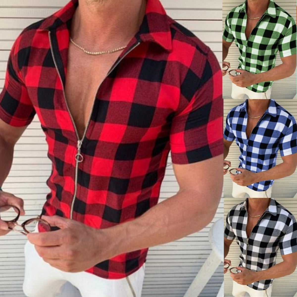 Plaid T Shirt Mens Zipper Summer