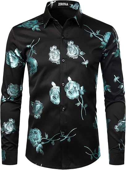 3D Golden Rose Print Slim Fit Long Sleeve Formal Wear Shirt