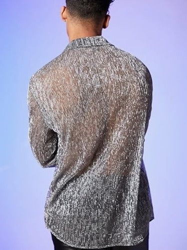 Shiny Crystal See-through Lapel Long Sleeve Shirt