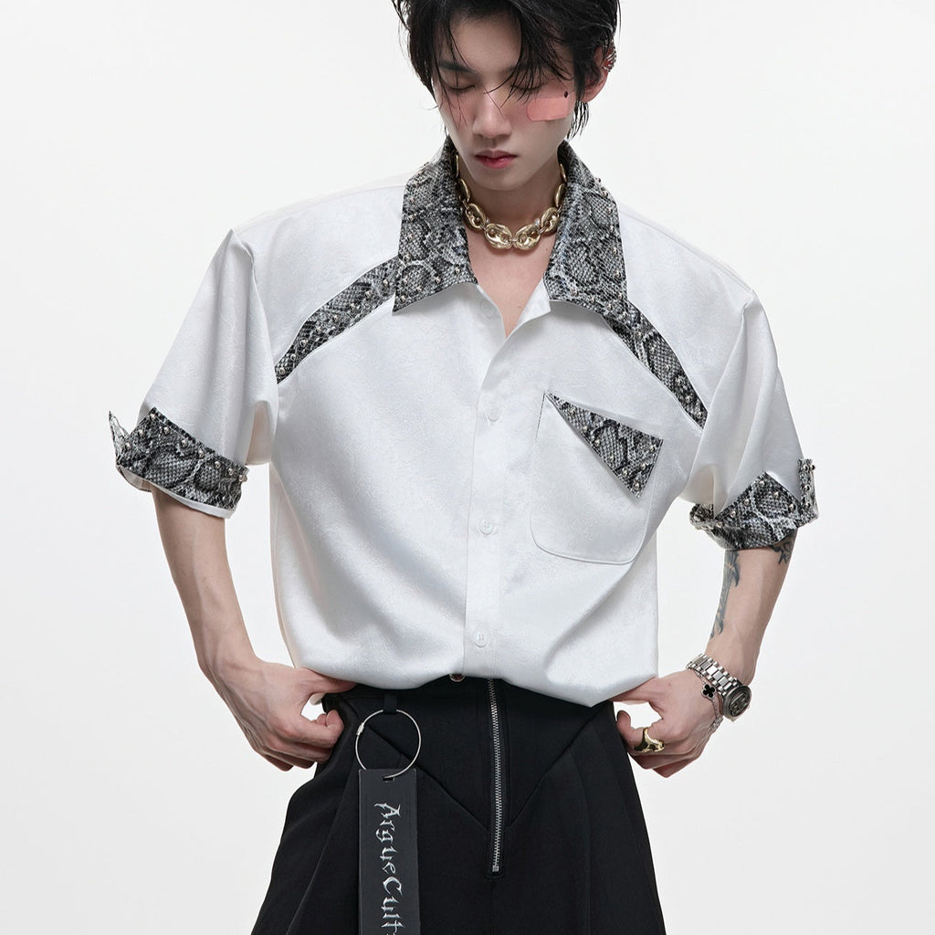 A Niche Snake Patterned Leather Patchwork Shirt With Metal Rivet Design For A Cool Cardigan
