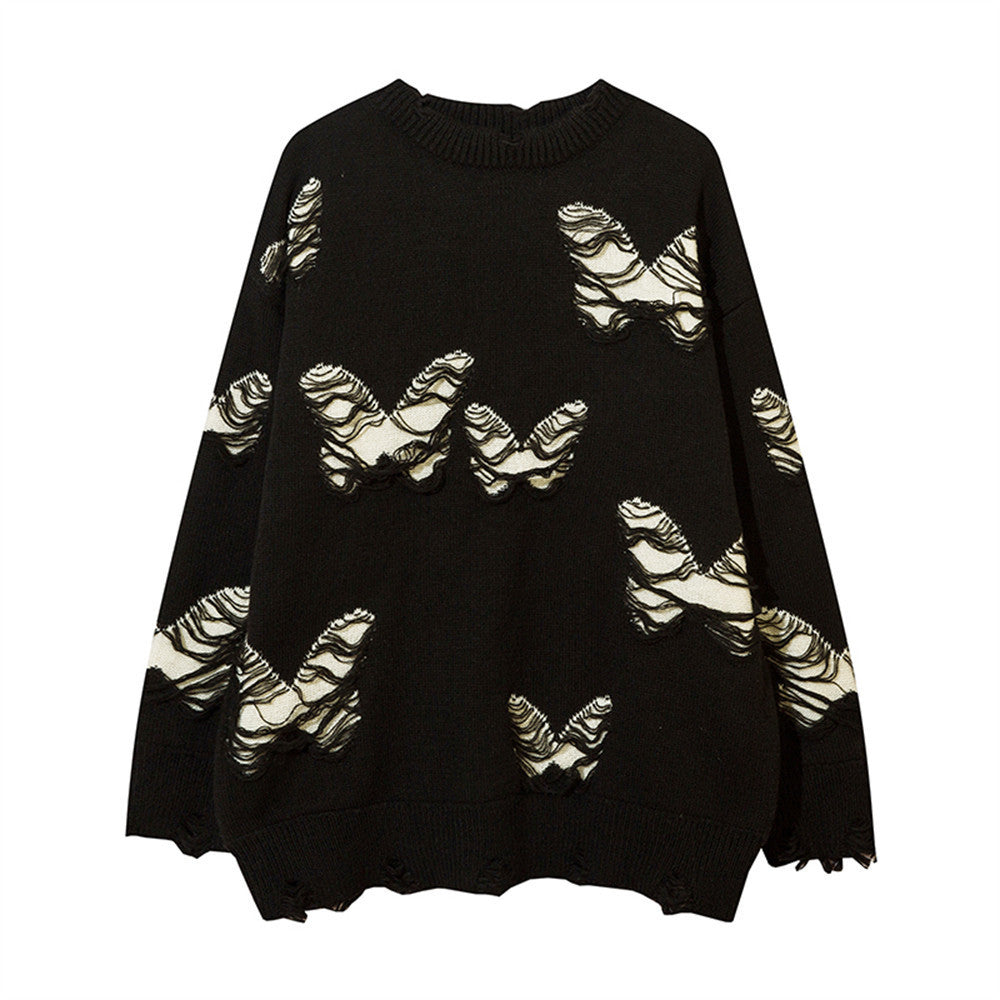 Butterfly Ripped Crochet Tassel Round Neck Knitted Sweater Tide