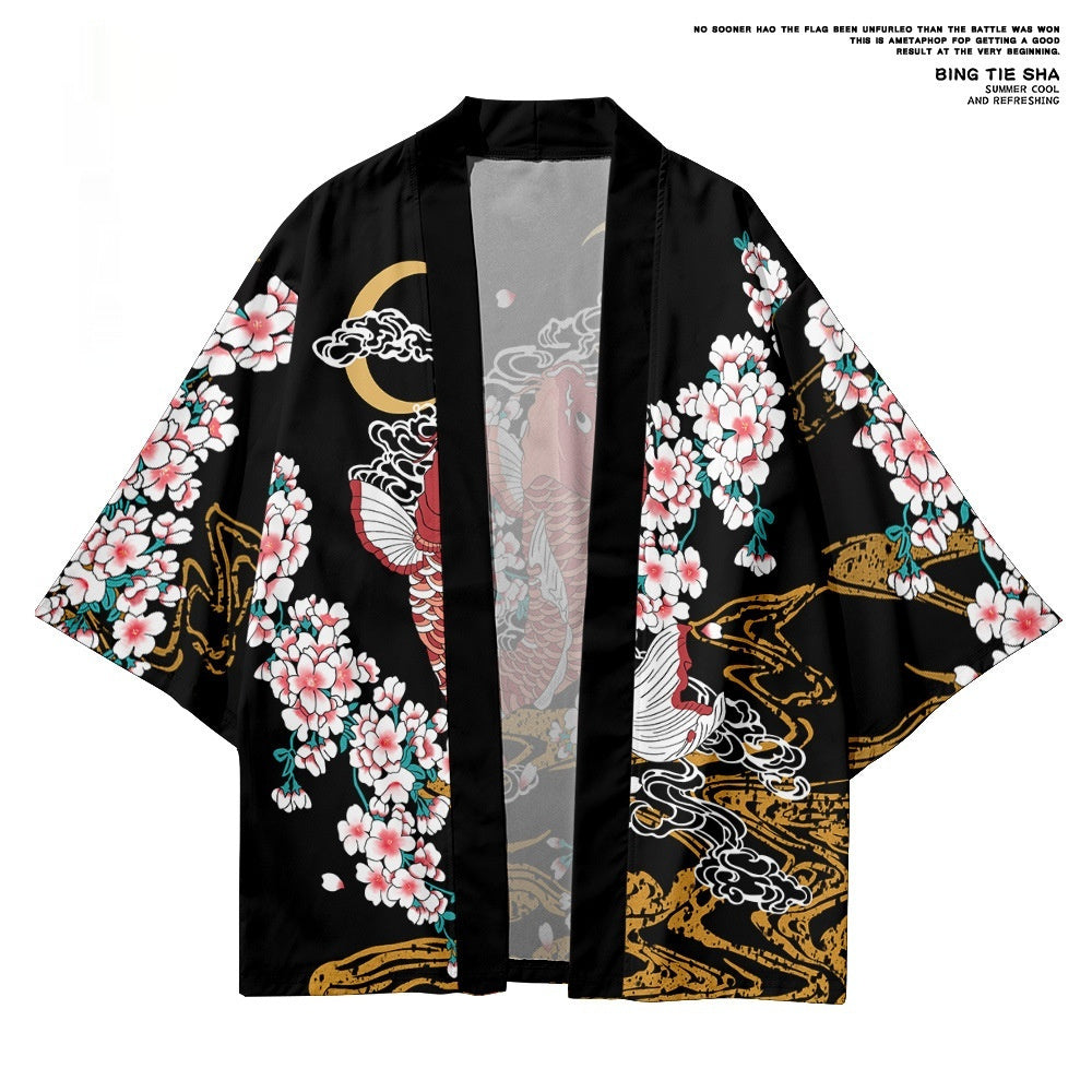Koi Digital Printing Japanese Harajuku Kimono Robe Cloak Cropped Pants Set
