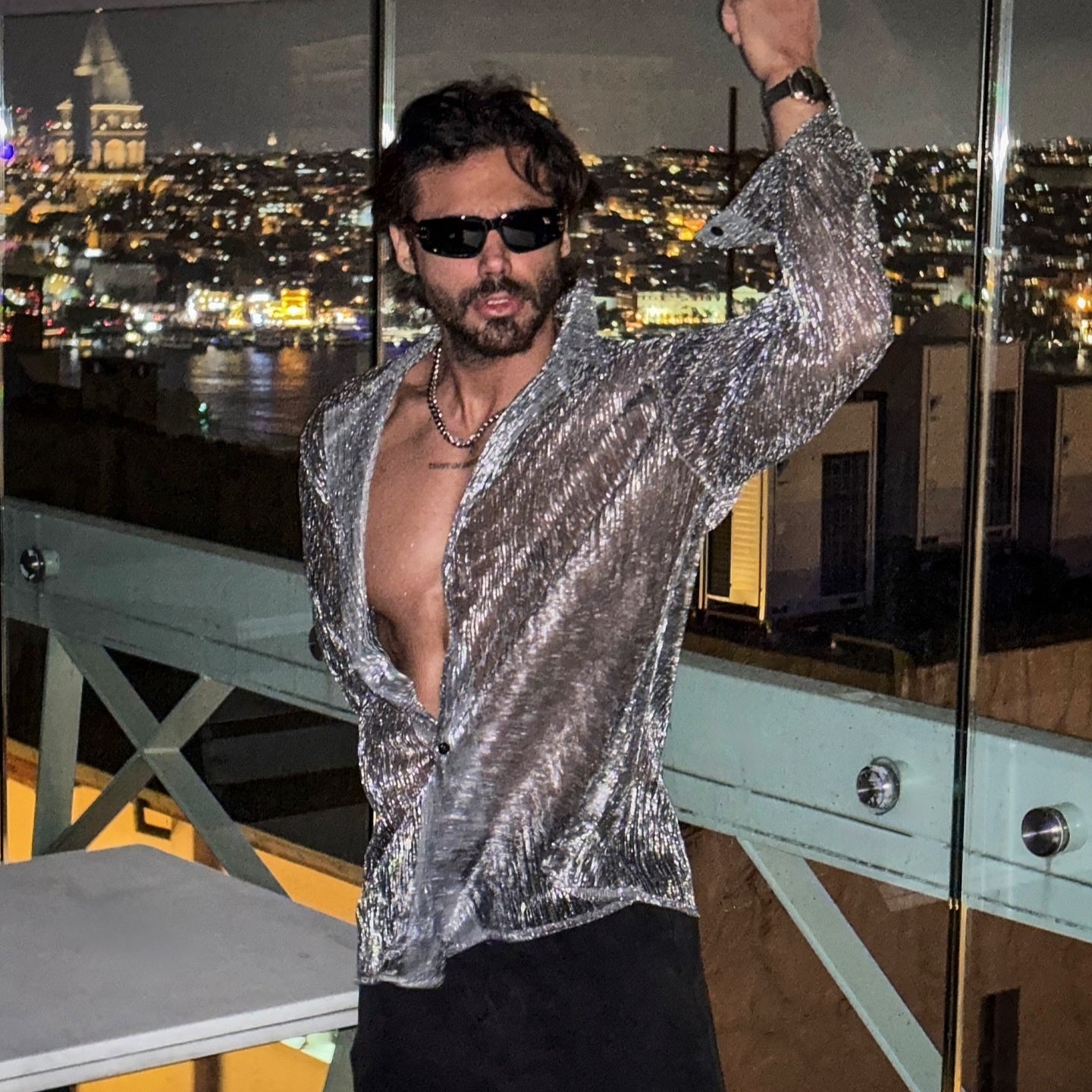 Shiny Crystal See-through Lapel Long Sleeve Shirt