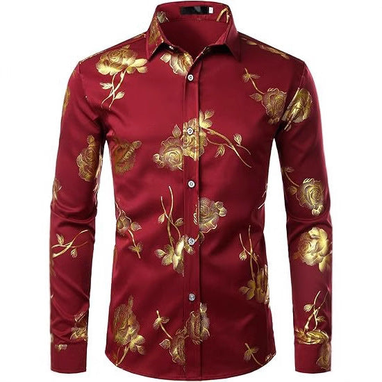3D Golden Rose Print Slim Fit Long Sleeve Formal Wear Shirt