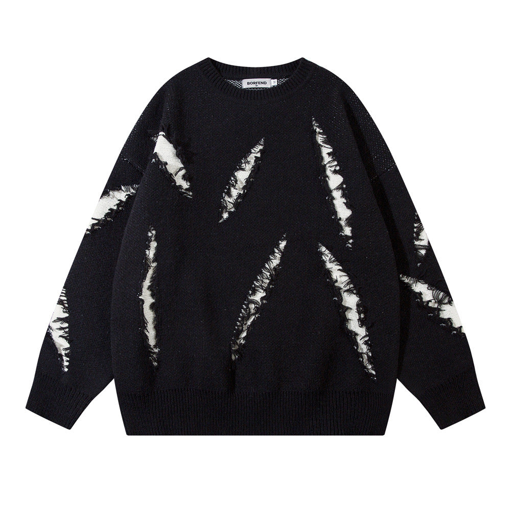 Fashion Damage Cat Beard Round Neck Sweater Men