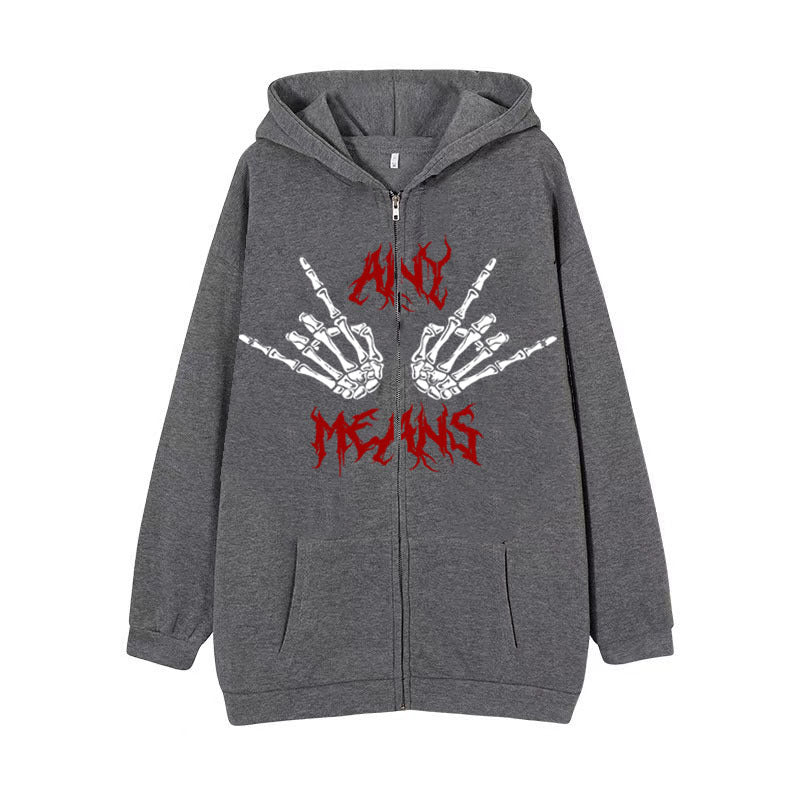 Dark Zipper Men's Sweatshirt Punk Hand Bone Print Hoodie