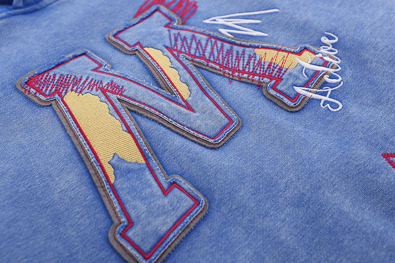 American-style Retro Hip Hop Letters Embroidered Patch Washed Hooded Sweater Men