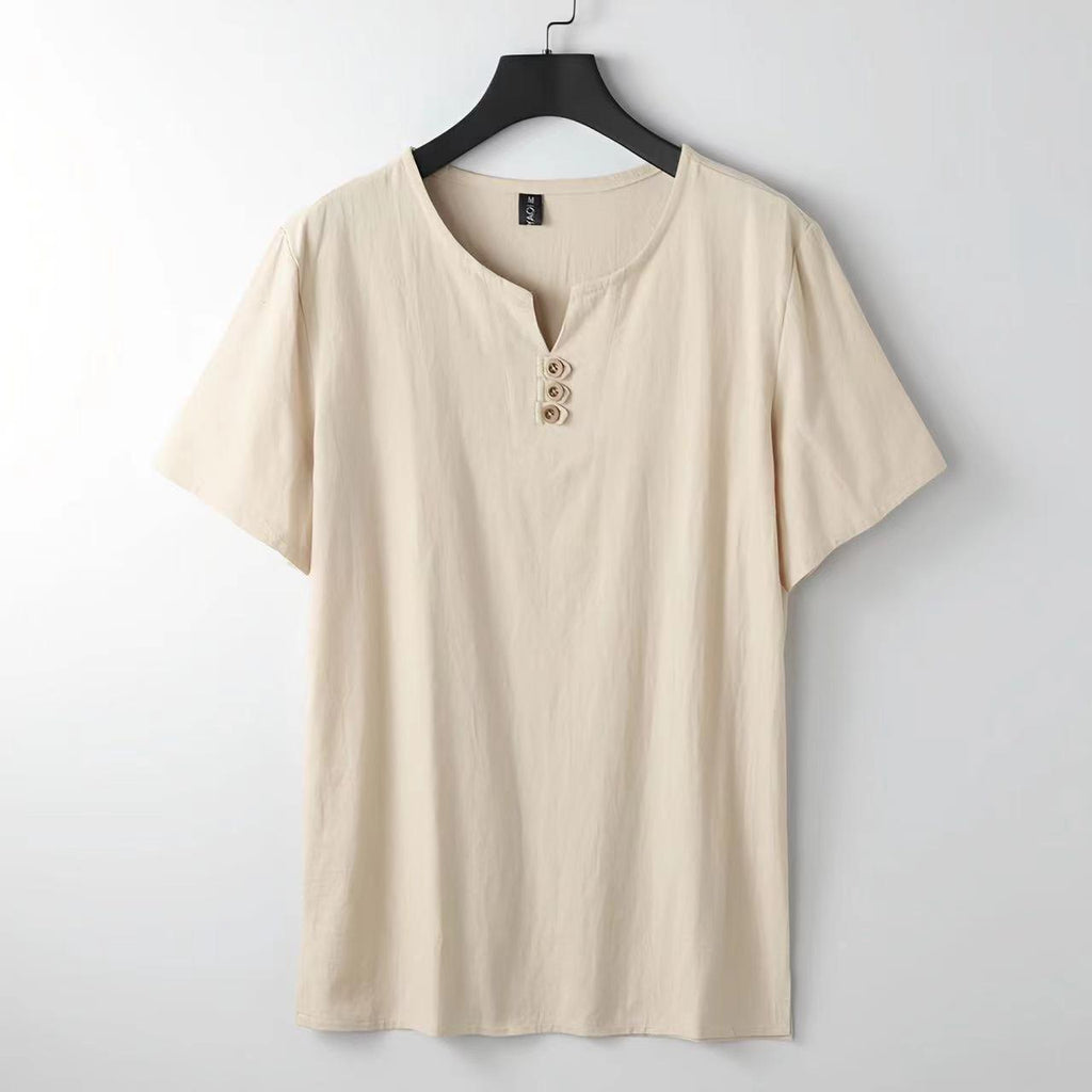 Men's Chinese-style Cotton And Linen V-neck Short Sleeve